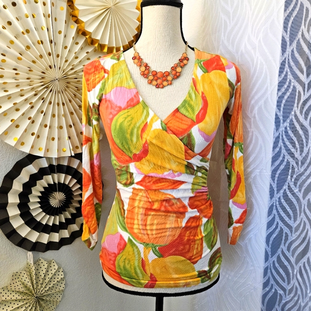CAbi | Faux Wrap Tulip Print Top | Size Small
